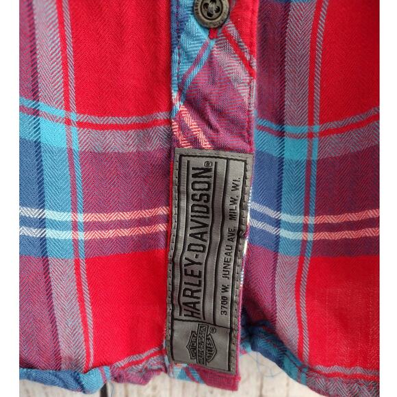 Harley Davidson Red White Blue Plaid Patch/Embroidered Short Slv ButtonUp Top 2X - Picture 5 of 12